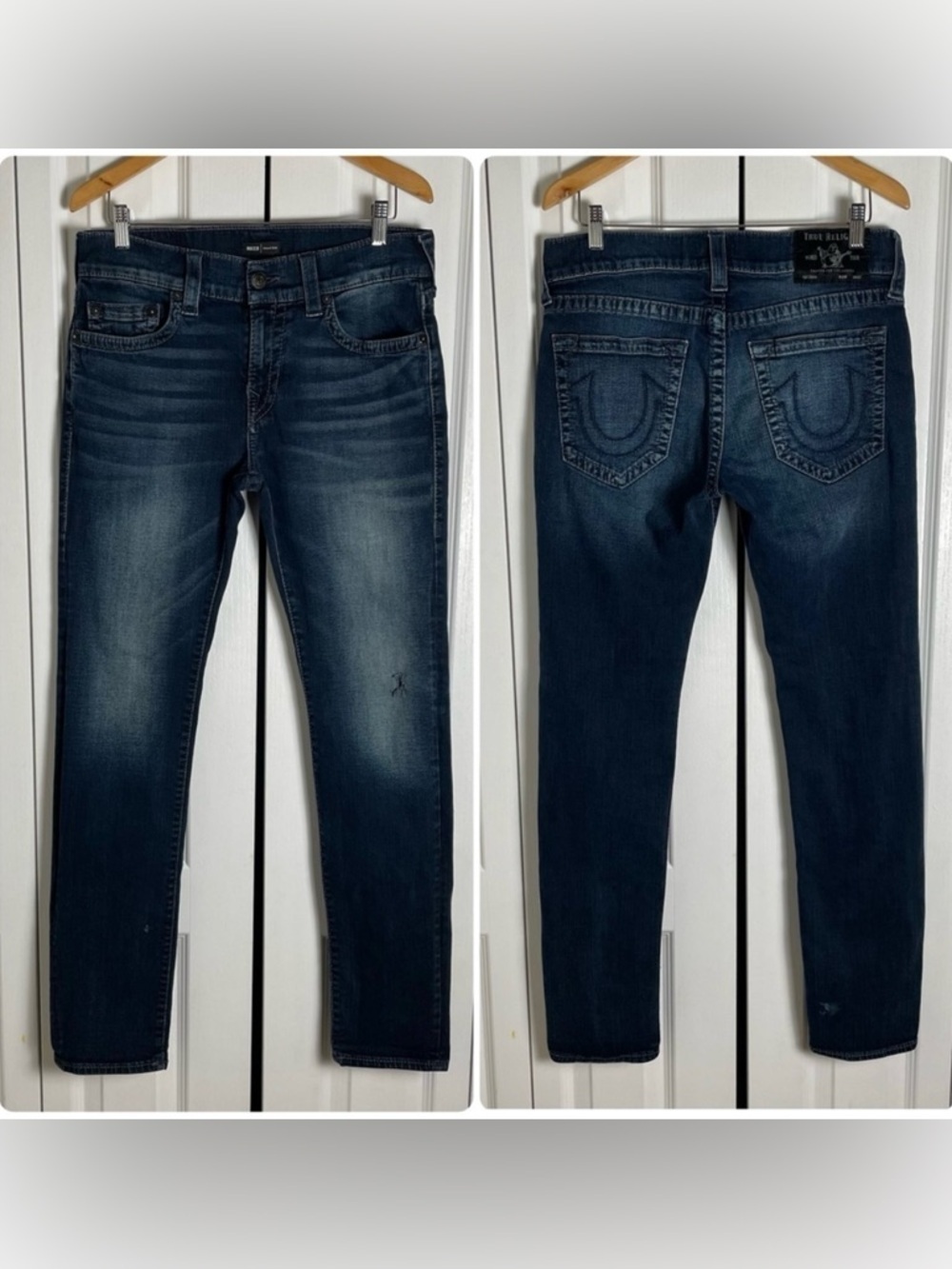 True Religion Relaxed Skinny Rocco Jeans Men’s 32 Blue Dark Wash Grunge Distress